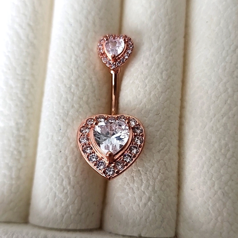 14 G SURGICAL STEEL DANGLE  Heart  BELLY BUTTON Simulated Diamond ROSE Gold